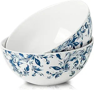 Ceramic Cereal Bowls Set of 2, Large Serving Bowls 42 oz, Decorative Soup Bowls for Pho Ramen Pasta Fruit, Blue and White Salad bowls dishes for Entertaining, Microwave Dishwasher Safe, Vintage